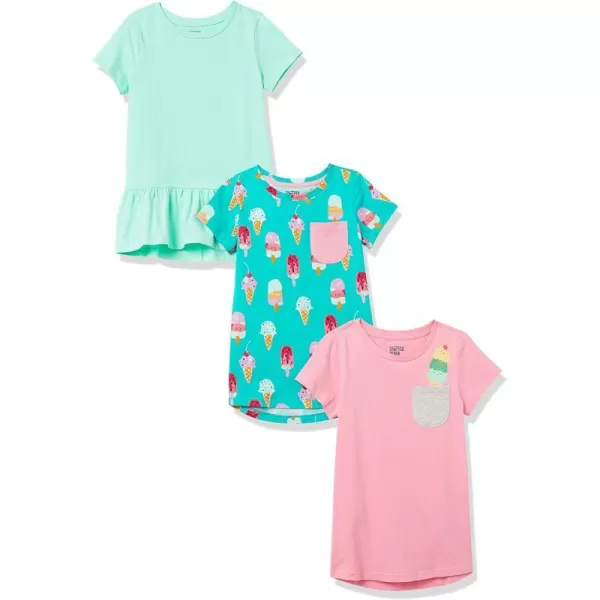 Amazon Essentials Girls and Toddlers ShortSleeve and Sleeveless Tunic Tops Previously Spotted Zebra Multipacks3 Aqua GreenPinkIce Cream