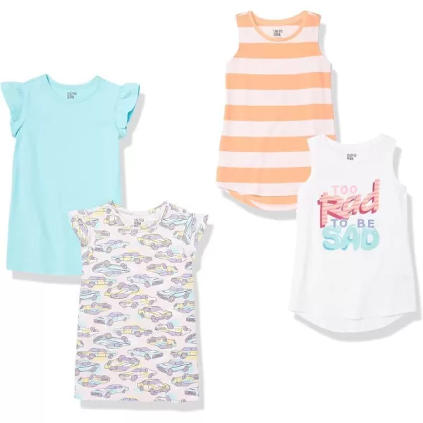 Amazon Essentials Girls and Toddlers ShortSleeve and Sleeveless Tunic Tops Previously Spotted Zebra Multipacks4 BlueOrange StripePink CarsWhite Text Print