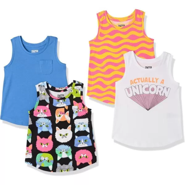 Amazon Essentials Girls and Toddlers Sleeveless Tank Tops Previously Spotted Zebra Multipacks4 BlueWhiteBlack Cats and Unicorns