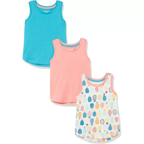 Amazon Essentials Girls and Toddlers Tank Top Multipacks3 Aqua BlueCoral PinkWhite Pineapple