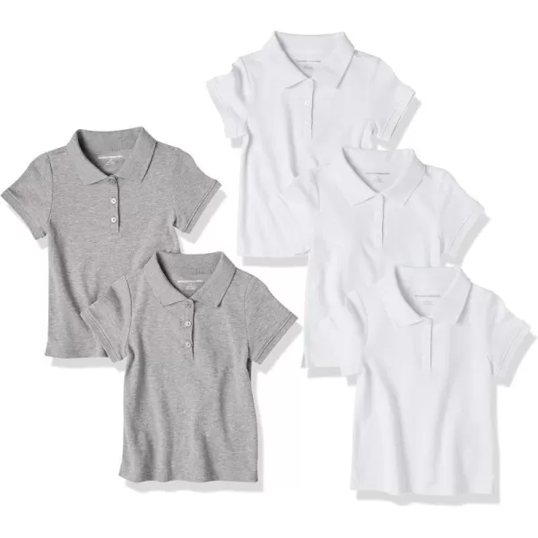 Amazon Essentials Girls and Toddlers Uniform ShortSleeve Interlock Polo Shirt Multipacks5 WhiteMedium Grey Heather