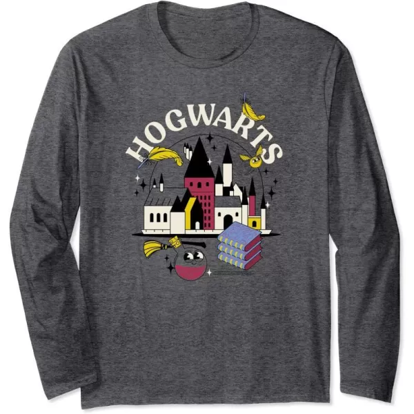 Amazon Essentials Harry Potter Hogwarts Castle Smiling Icons Long Sleeve TShirtDark Heather Grey