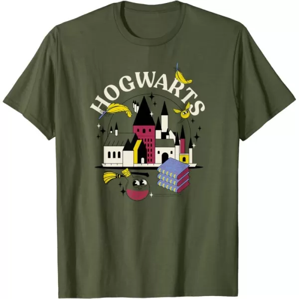 Amazon Essentials Harry Potter Hogwarts Castle Smiling Icons TShirtOlive Green