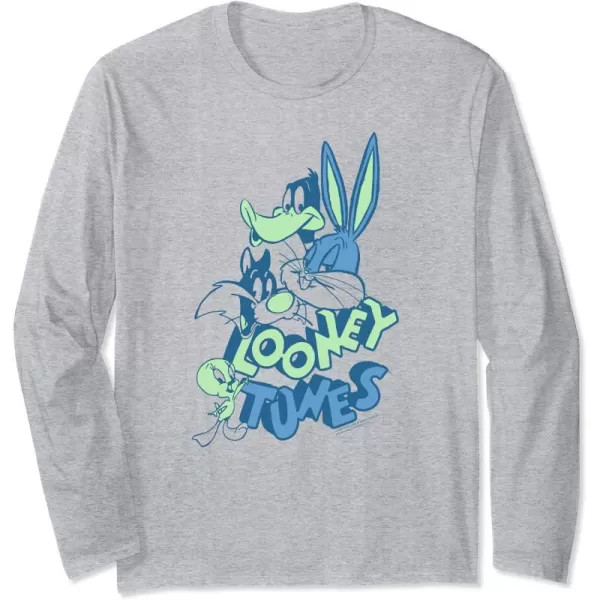 Amazon Essentials Looney Tunes Blue and Green Character Collage Long Sleeve TShirtHeather Grey