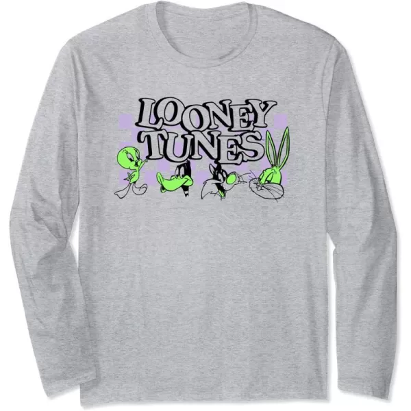 Amazon Essentials Looney Tunes Checkerboard with Green Characters Long Sleeve TShirtHeather Grey