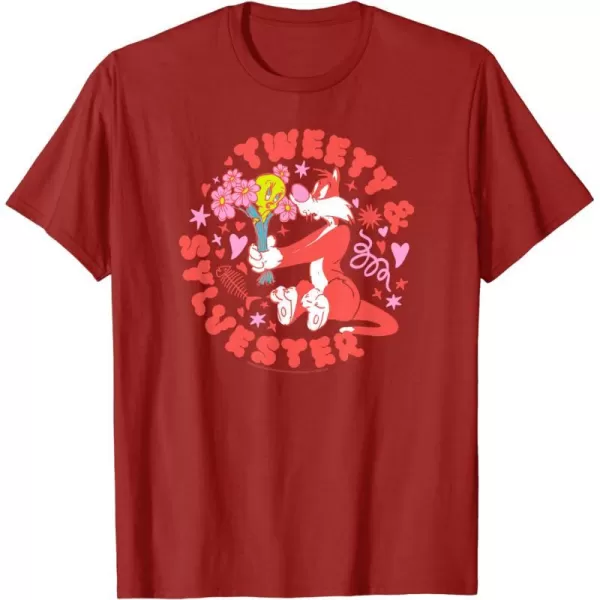 Amazon Essentials Looney Tunes Circle Tweety and Red Sylvester TShirtCranberry Red