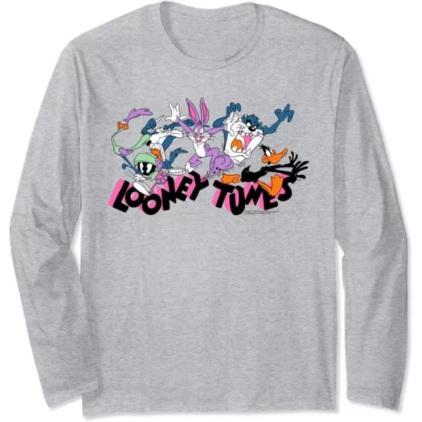 Amazon Essentials Looney Tunes Pink Logo with Running Characters Long Sleeve TShirtHeather Grey