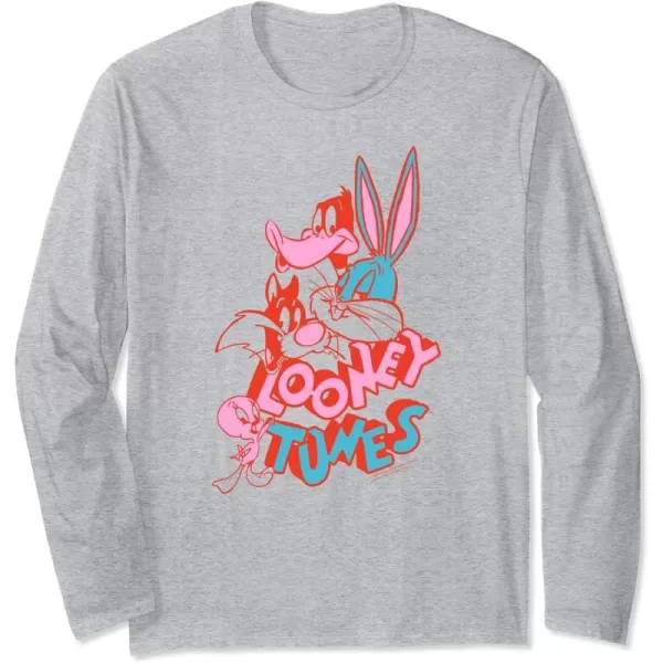 Amazon Essentials Looney Tunes Red and Pink Character Collage Long Sleeve TShirtHeather Grey