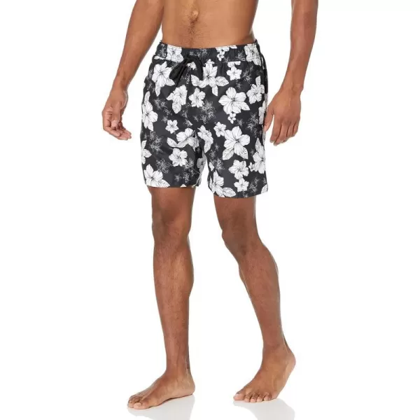 Amazon Essentials Mens 7 QuickDry Swim TrunkBlack Hibiscus Flower