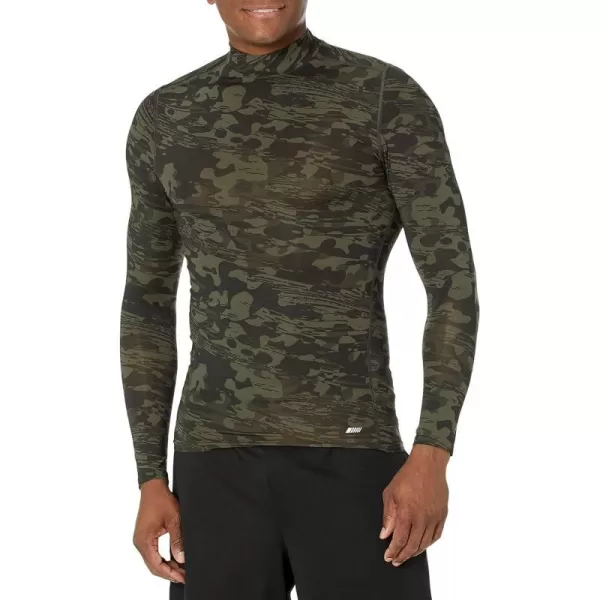 Amazon Essentials Mens Control Tech Mock Neck LongSleeve ShirtDark Green Camo