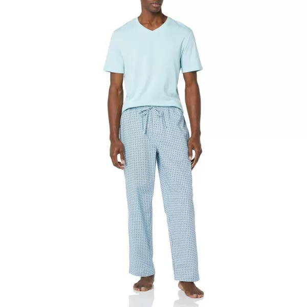 Amazon Essentials Mens Cotton Poplin Pant with Cotton Jersey TShirt Pajama SetLight Blue Geo Print