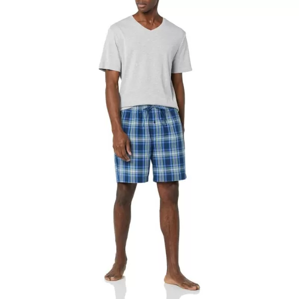 Amazon Essentials Mens Cotton Poplin Short with Cotton TShirt Pajama SetGrey HeatherNavy Plaid