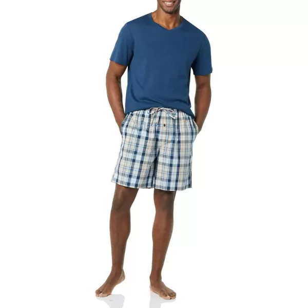 Amazon Essentials Mens Cotton Poplin Short with Cotton TShirt Pajama SetIndigoNavy Plaid