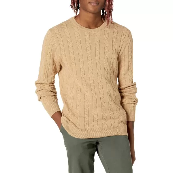 Amazon Essentials Mens Crewneck Cable Cotton SweaterCamel Heather