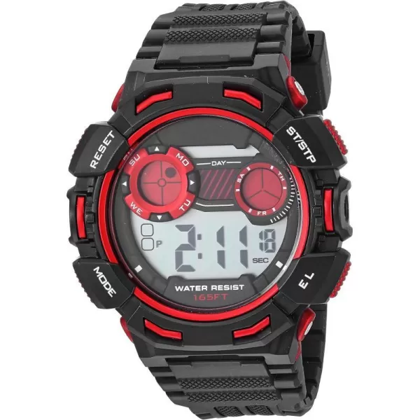 Amazon Essentials Mens Digital Chronograph Black Resin Strap WatchBlackRed