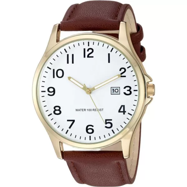 Amazon Essentials Mens Easy to Read Strap WatchBrownGold