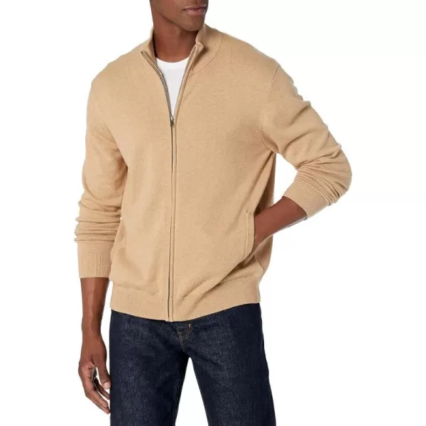 Amazon Essentials Mens FullZip Cotton SweaterCamel Heather