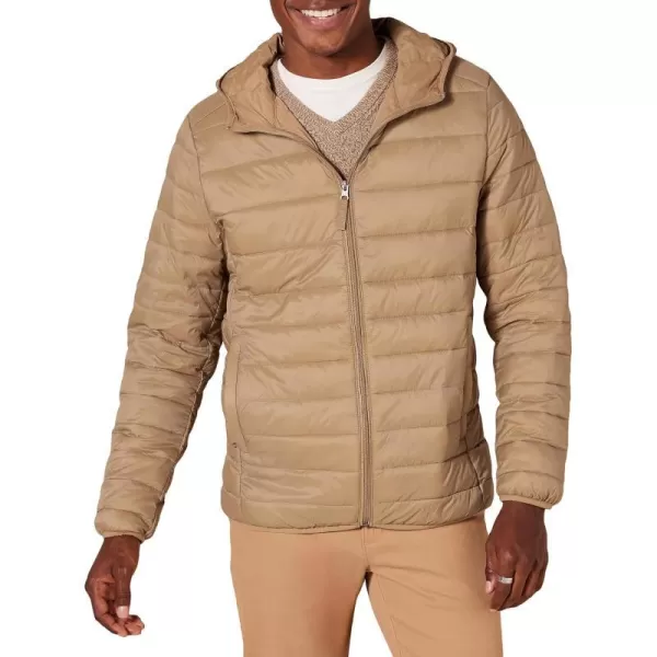 Amazon Essentials Mens Lightweight WaterResistant Packable Hooded Puffer JacketCamel