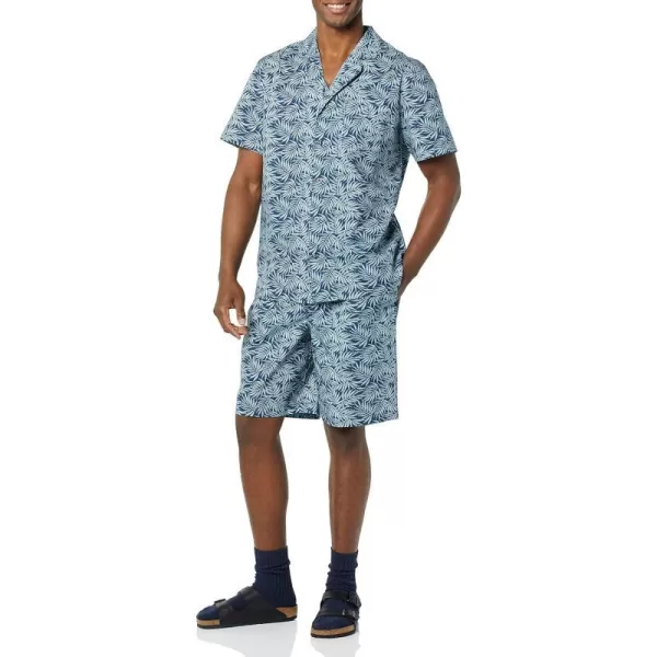 Amazon Essentials Mens Lightweight Woven Notch Collar Short Pajama SetBlue Navy Palm Leaf