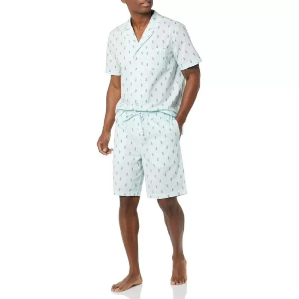 Amazon Essentials Mens Lightweight Woven Notch Collar Short Pajama SetLight Blue Pineapple