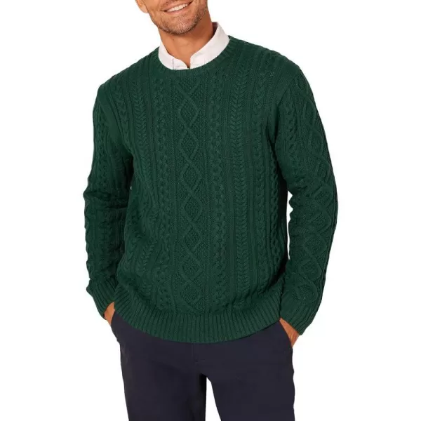 Amazon Essentials Mens LongSleeve 100 Cotton Fisherman Cable Crewneck SweaterDark Green