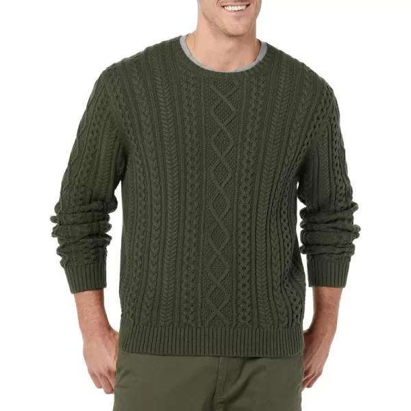 Amazon Essentials Mens LongSleeve 100 Cotton Fisherman Cable Crewneck SweaterDark Olive