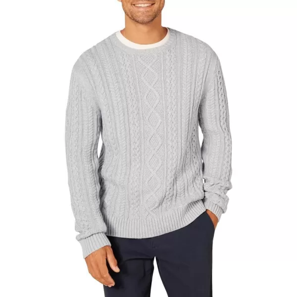 Amazon Essentials Mens LongSleeve 100 Cotton Fisherman Cable Crewneck SweaterLight Grey