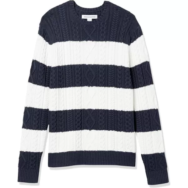 Amazon Essentials Mens LongSleeve 100 Cotton Fisherman Cable Crewneck SweaterNavyWhite Stripe