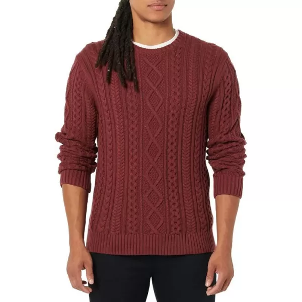 Amazon Essentials Mens LongSleeve 100 Cotton Fisherman Cable Crewneck SweaterOxblood