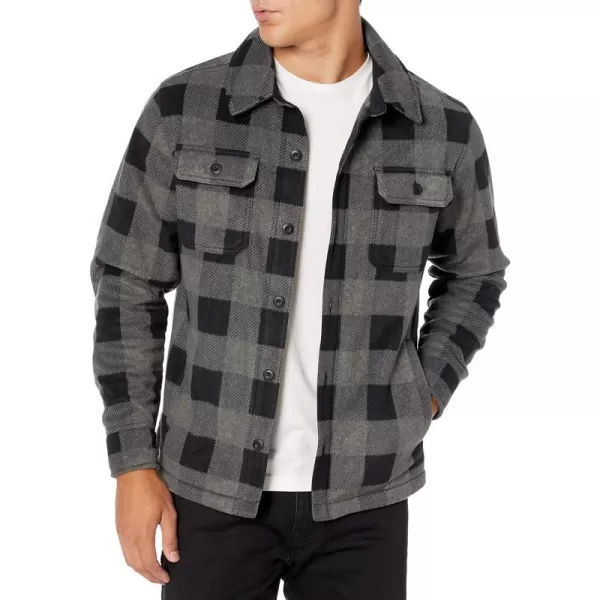 Amazon Essentials Mens LongSleeve Polar Fleece Shirt JacketBlack Charcoal Buffalo Plaid