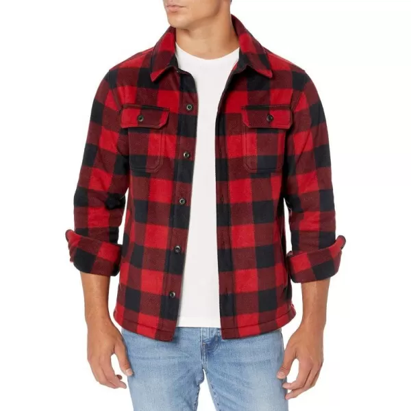 Amazon Essentials Mens LongSleeve Polar Fleece Shirt JacketRed Buffalo Check