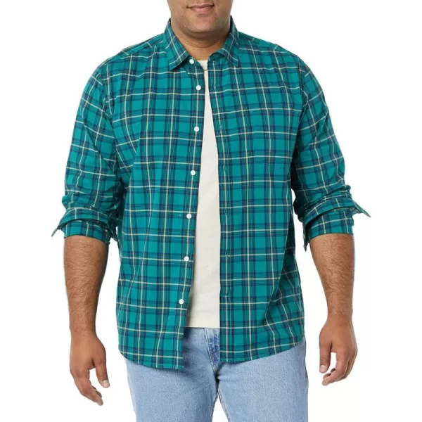 Amazon Essentials Mens LongSleeve Regularfit Stretch Poplin ShirtGreenGold Checked