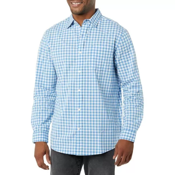 Amazon Essentials Mens LongSleeve Regularfit Stretch Poplin ShirtLight BlueWhite Gingham