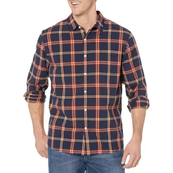 Amazon Essentials Mens LongSleeve Regularfit Stretch Poplin ShirtNavyRed Plaid