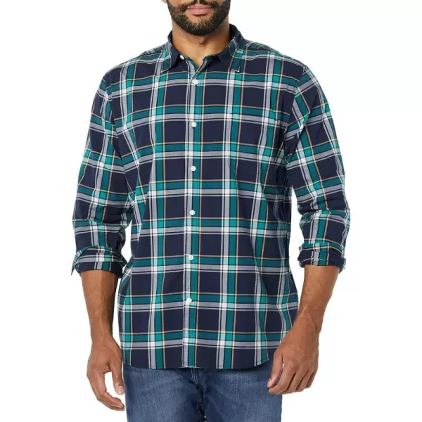 Amazon Essentials Mens LongSleeve SlimFit Stretch Poplin ShirtDark Green Navy Medium Plaid