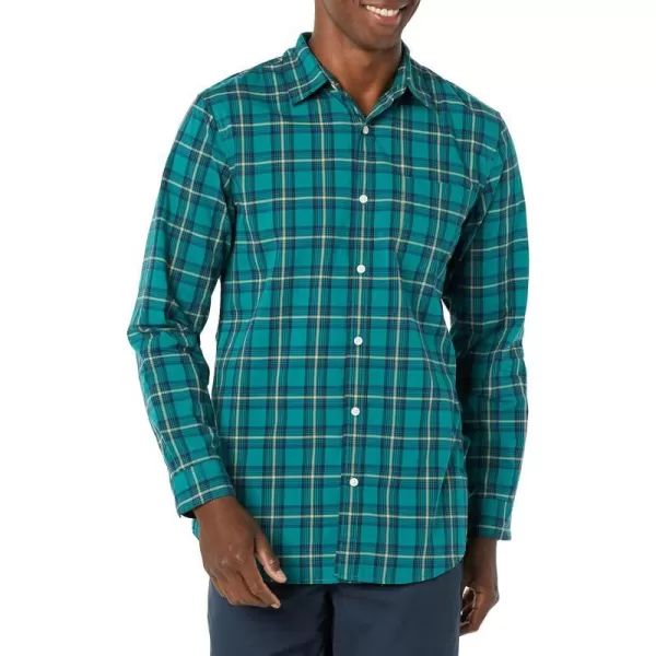 Amazon Essentials Mens LongSleeve SlimFit Stretch Poplin ShirtGreen Gold Checked