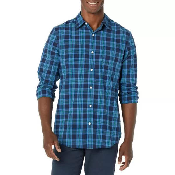 Amazon Essentials Mens LongSleeve SlimFit Stretch Poplin ShirtGreen Navy Plaid