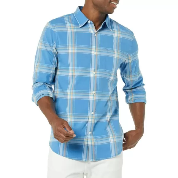 Amazon Essentials Mens LongSleeve SlimFit Stretch Poplin ShirtLight Blue Orange Plaid