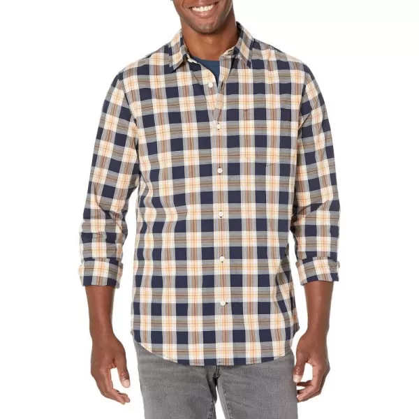 Amazon Essentials Mens LongSleeve SlimFit Stretch Poplin ShirtNavy Peach Plaid