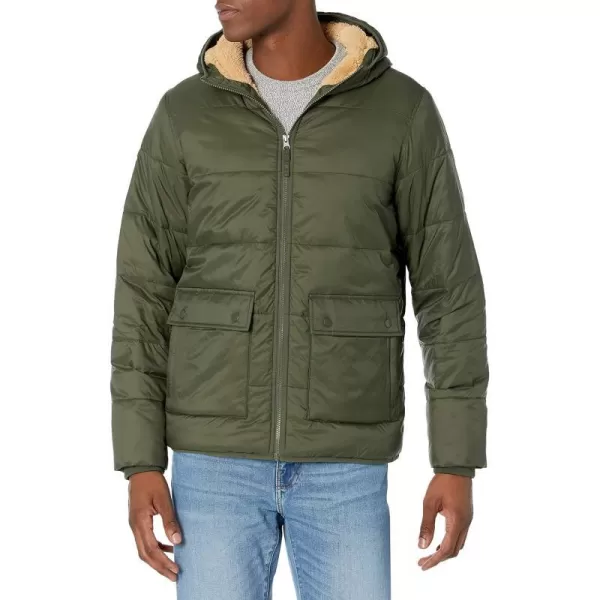 Amazon Essentials Mens LongSleeve WaterResistant SherpaLined Puffer JacketDark Olive