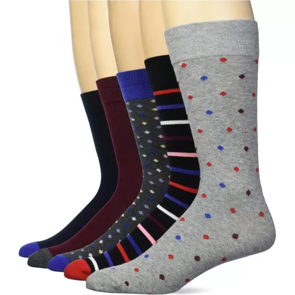 Amazon Essentials Mens Patterned Dress Socks 5 PairsBlackBurgundyDark GreyGreyStripe