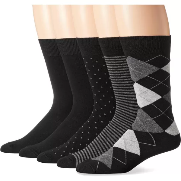 Amazon Essentials Mens Patterned Dress Socks 5 PairsBlackDotsPlaidStripe