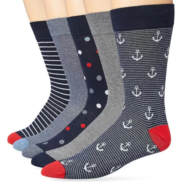 Amazon Essentials Mens Patterned Socks Previously Goodthreads 5 PairsBlueRedGrey