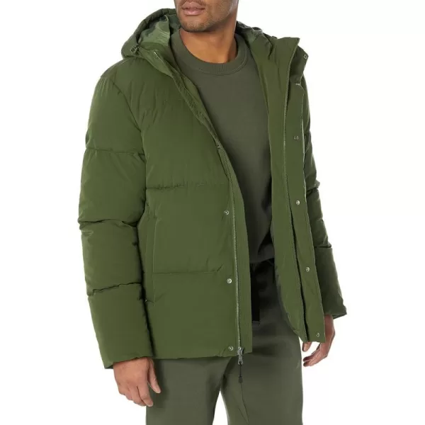 Amazon Essentials Mens Recycled Polyester MidLength Hooded Puffer Available in Big amp TallDark Olive