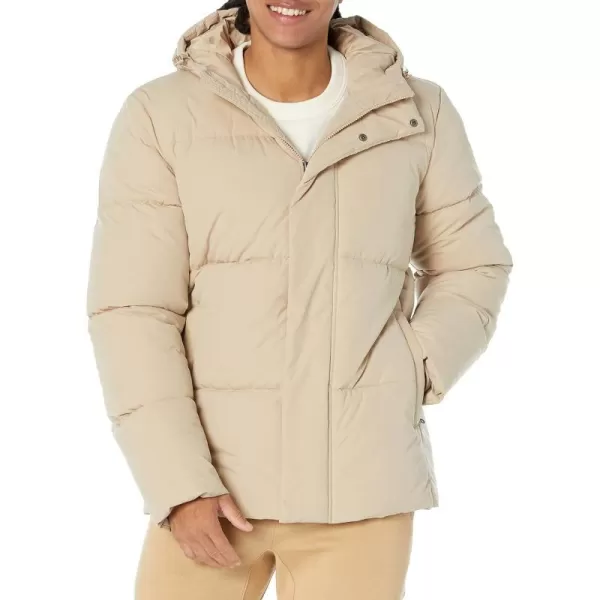 Amazon Essentials Mens Recycled Polyester MidLength Hooded Puffer Available in Big amp TallTan