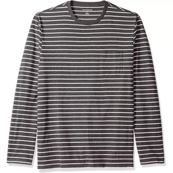 Amazon Essentials Mens RegularFit LongSleeve TShirtCharcoal HeatherWhite Stripe Pocket