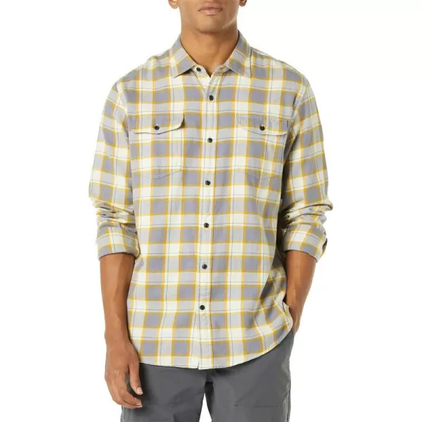 Amazon Essentials Mens RegularFit LongSleeve TwoPocket Flannel ShirtGrey Yellow Plaid