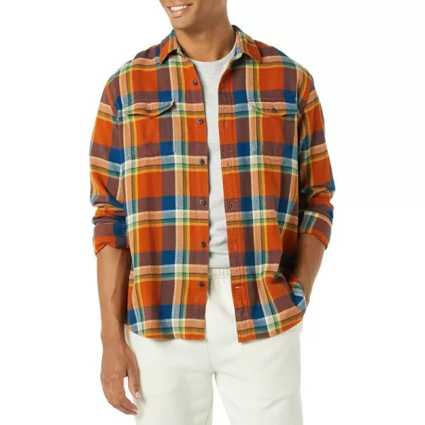 Amazon Essentials Mens RegularFit LongSleeve TwoPocket Flannel ShirtNavy Orange Plaid