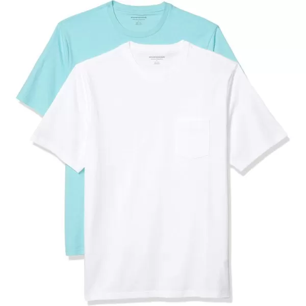 Amazon Essentials Mens RegularFit ShortSleeve Crewneck Pocket TShirt Pack of 2Aqua BlueWhite