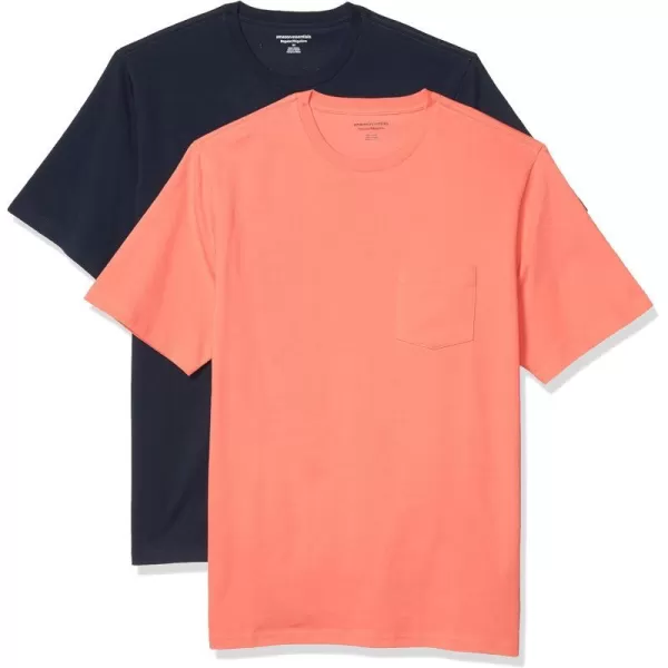 Amazon Essentials Mens RegularFit ShortSleeve Crewneck Pocket TShirt Pack of 2Coral PinkDark Navy